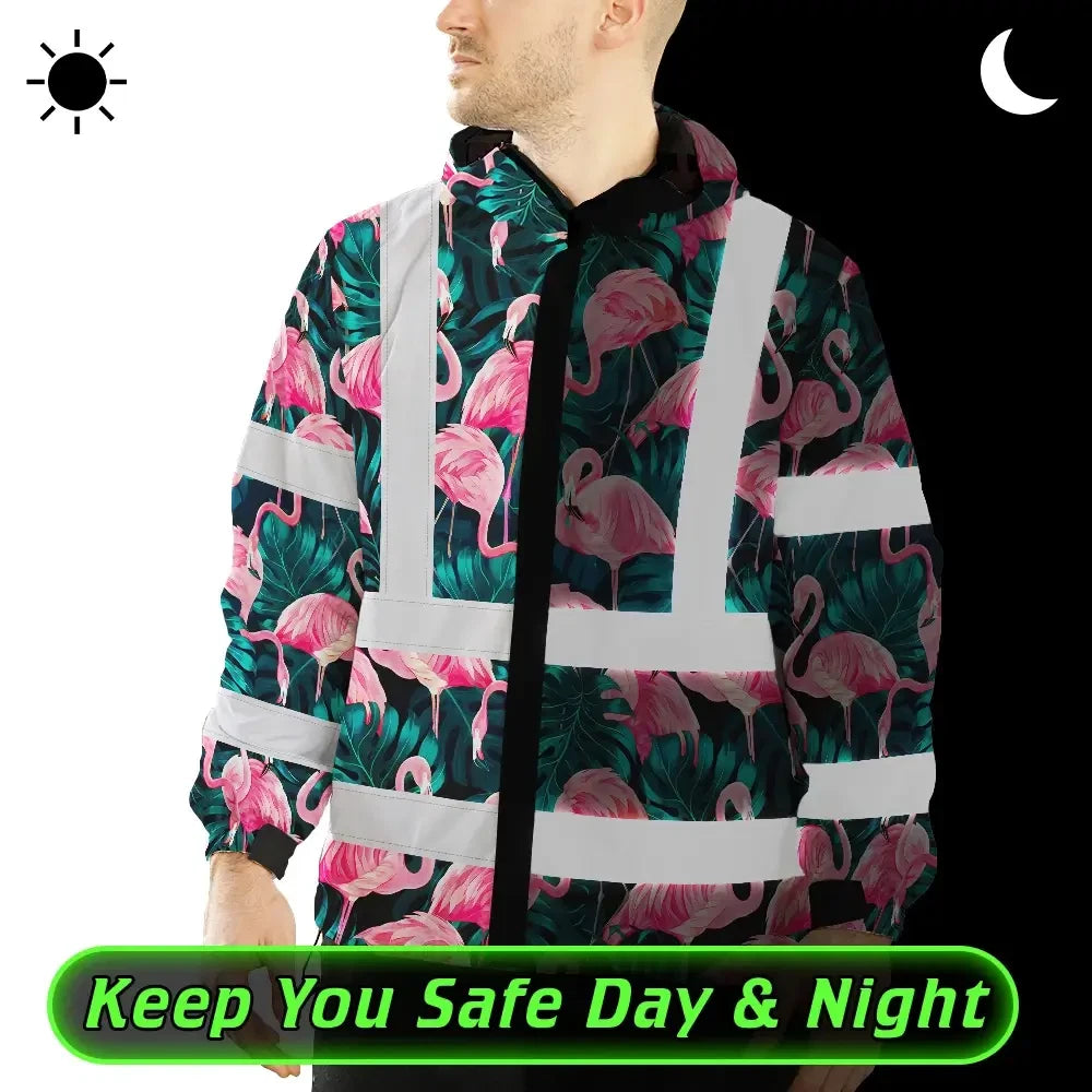 Hi Vis Jacket Waterproof Reflective Tapes Hawaii Flamingo Custom Name Safety Workwear For Workers, Truckers, Operators