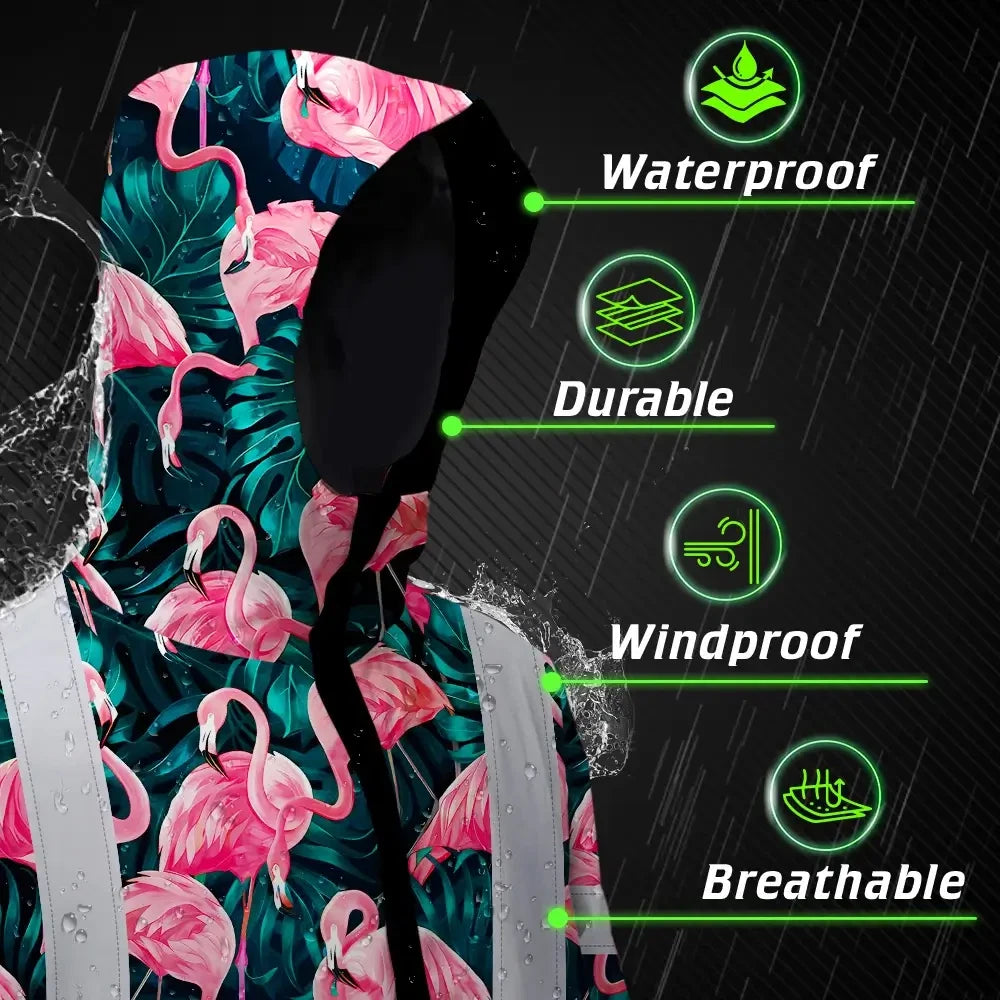 Hi Vis Jacket Waterproof Reflective Tapes Hawaii Flamingo Custom Name Safety Workwear For Workers, Truckers, Operators