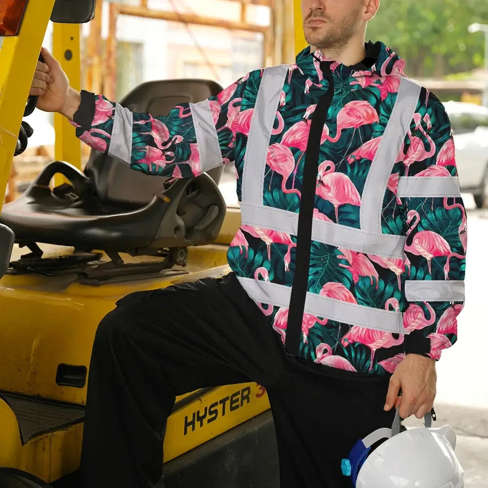 Hi Vis Jacket Waterproof Reflective Tapes Hawaii Flamingo Custom Name Safety Workwear For Workers, Truckers, Operators