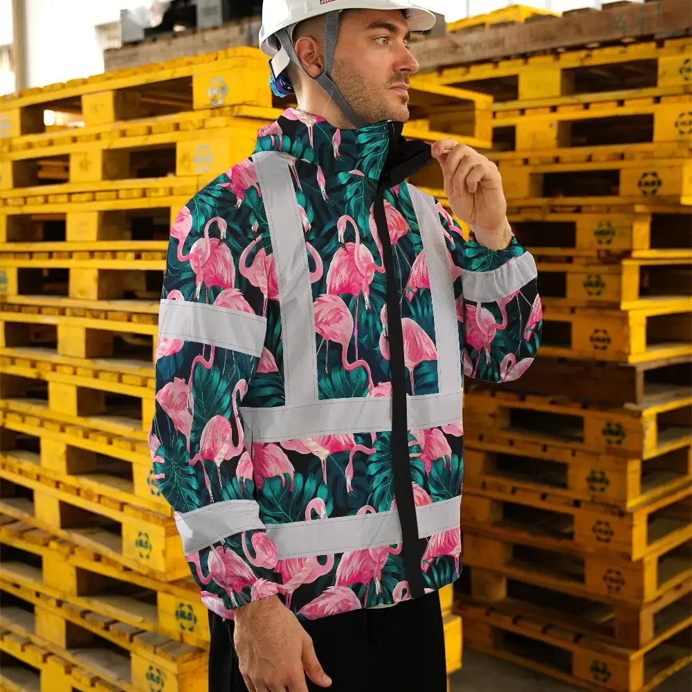 Hi Vis Jacket Waterproof Reflective Tapes Hawaii Flamingo Custom Name Safety Workwear For Workers, Truckers, Operators