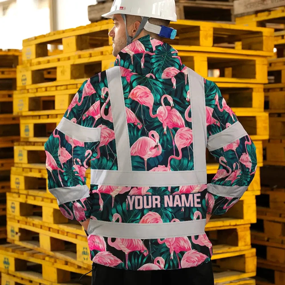 Hi Vis Jacket Waterproof Reflective Tapes Hawaii Flamingo Custom Name Safety Workwear For Workers, Truckers, Operators