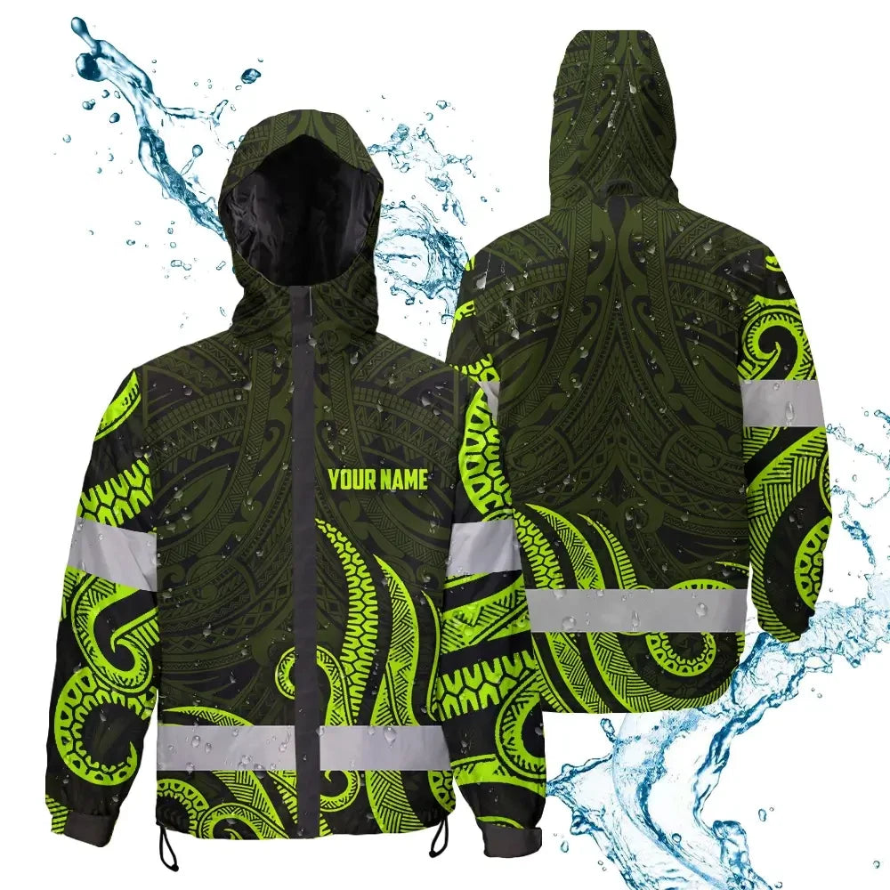 Hi Vis Jacket Waterproof Reflective Tapes Hawaiian Polynesian Tribal Custom Name