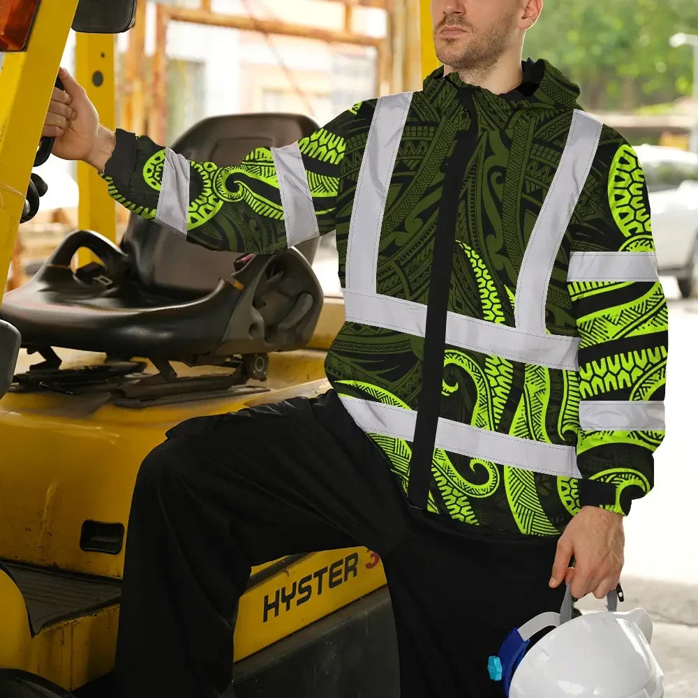 Hi Vis Jacket Waterproof Reflective Tapes Hawaiian Polynesian Tribal Custom Name Safety Workwear For Workers, Truckers, Operators