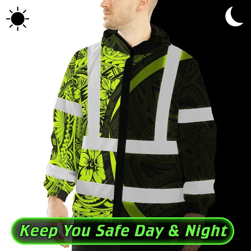 Hi Vis Jacket Waterproof Reflective Tapes Hawaiian Polynesian Tribal Custom Name Safety Workwear For Workers, Truckers, Operators