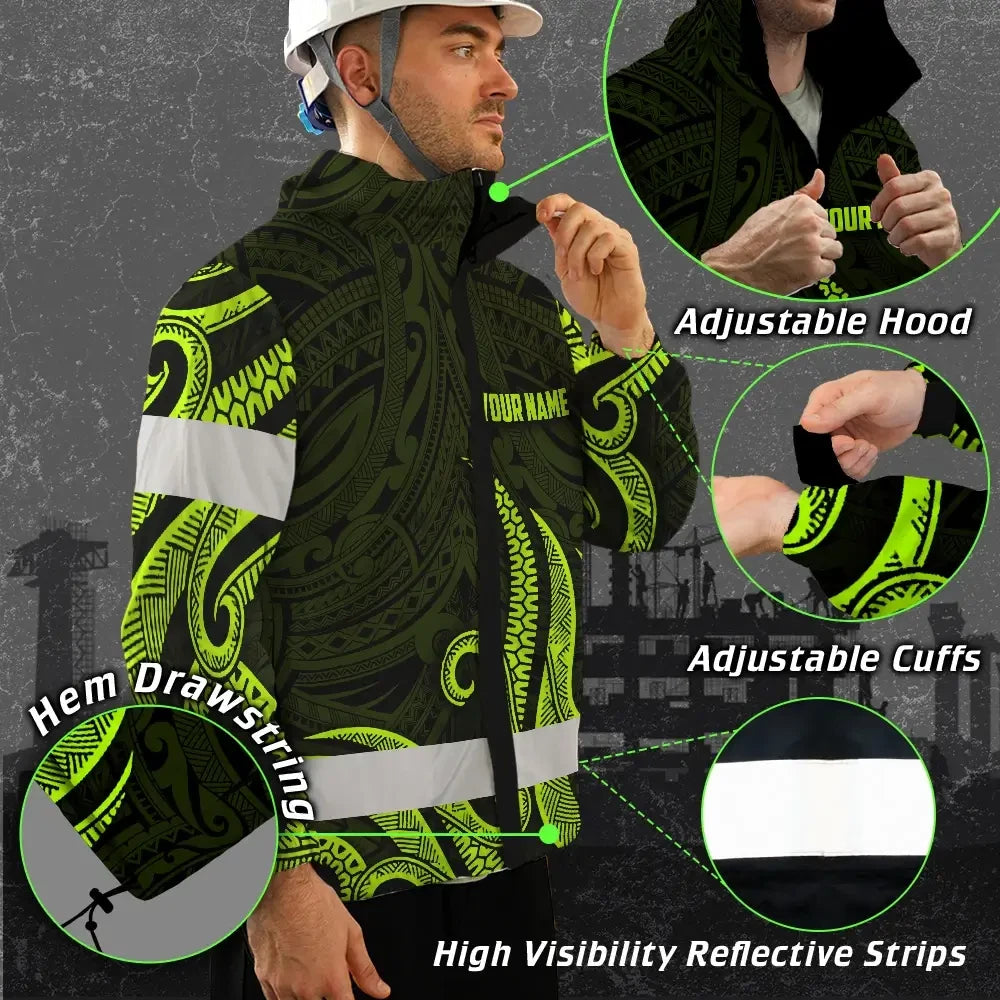Hi Vis Jacket Waterproof Reflective Tapes Hawaiian Polynesian Tribal Custom Name