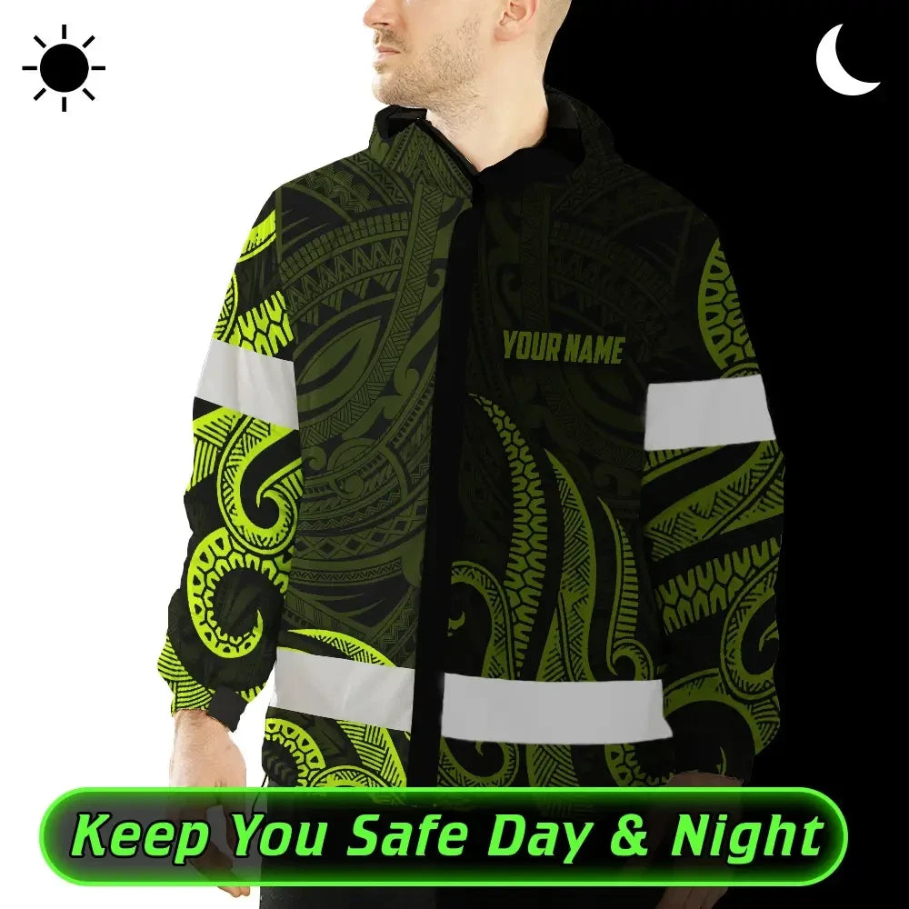 Hi Vis Jacket Waterproof Reflective Tapes Hawaiian Polynesian Tribal Custom Name