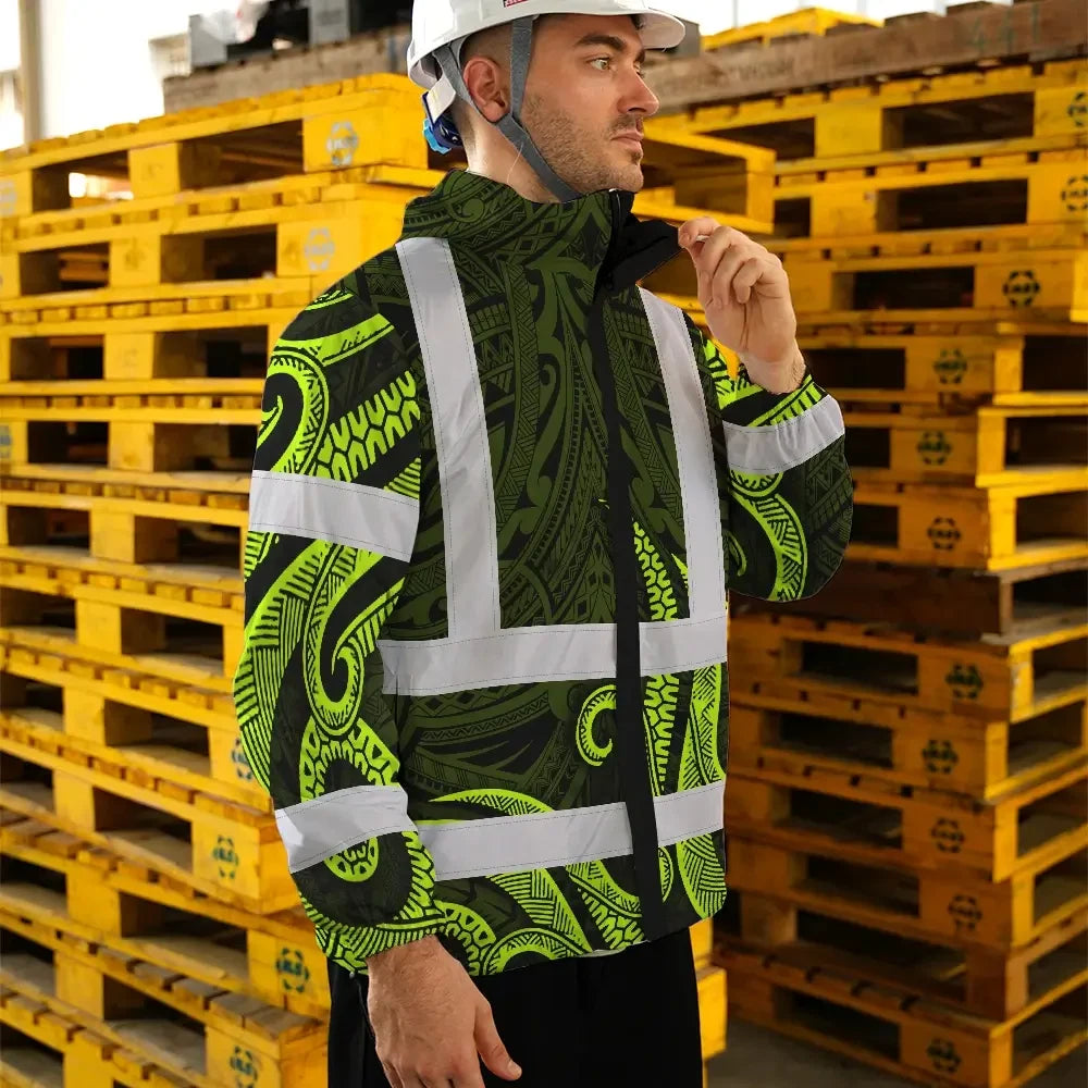Hi Vis Jacket Waterproof Reflective Tapes Hawaiian Polynesian Tribal Custom Name Safety Workwear For Workers, Truckers, Operators
