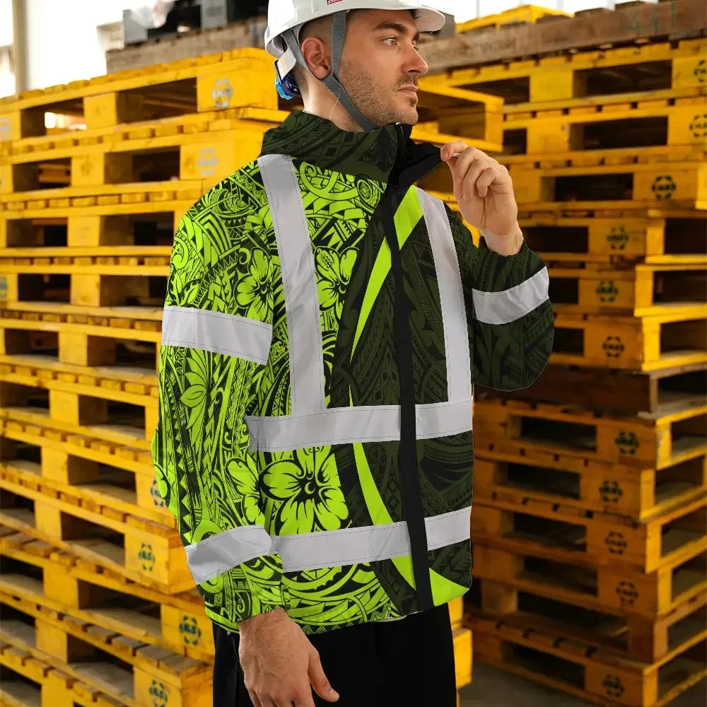 Hi Vis Jacket Waterproof Reflective Tapes Hawaiian Polynesian Tribal Custom Name Safety Workwear For Workers, Truckers, Operators