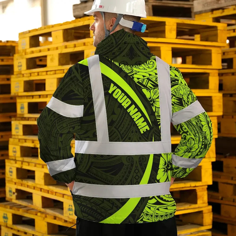 Hi Vis Jacket Waterproof Reflective Tapes Hawaiian Polynesian Tribal Custom Name Safety Workwear For Workers, Truckers, Operators