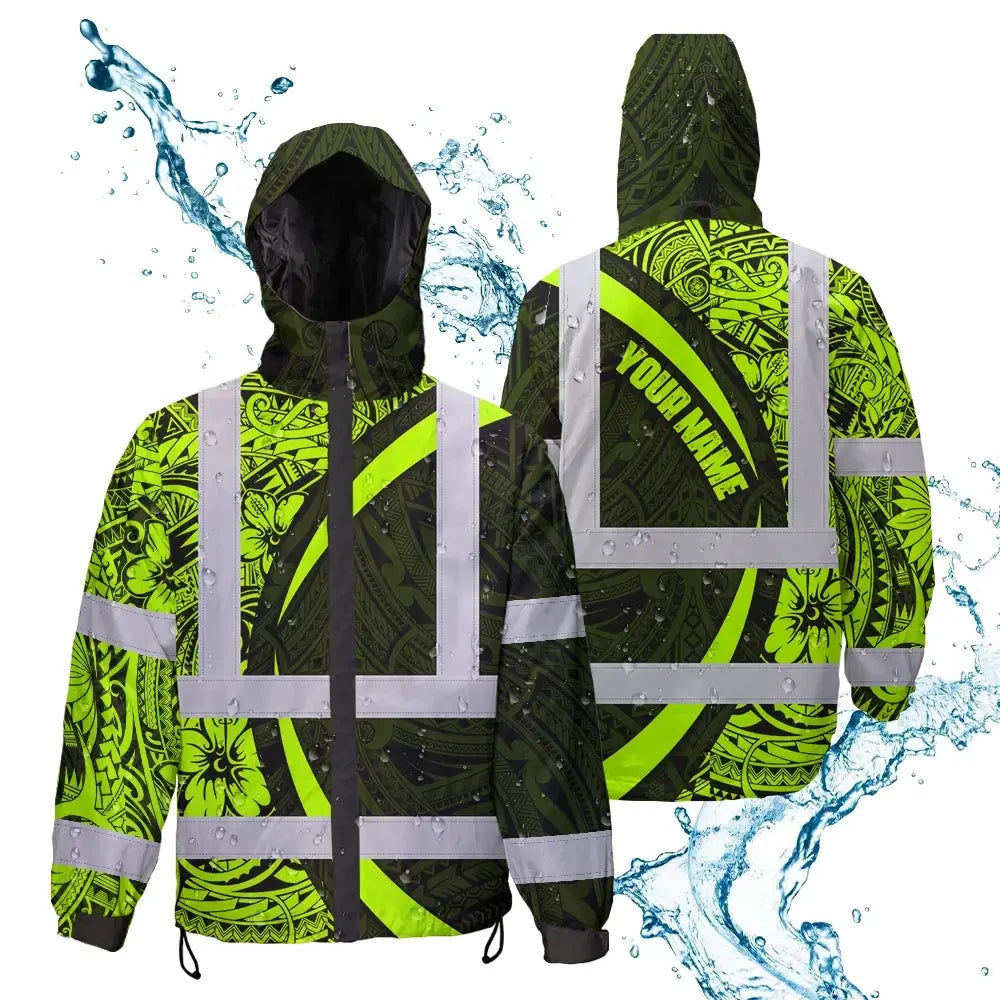 Hi Vis Jacket Waterproof Reflective Tapes Hawaiian Polynesian Tribal Custom Name Safety Workwear For Workers, Truckers, Operators