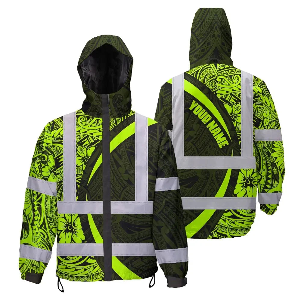 Hi Vis Jacket Waterproof Reflective Tapes Hawaiian Polynesian Tribal Custom Name Safety Workwear For Workers, Truckers, Operators