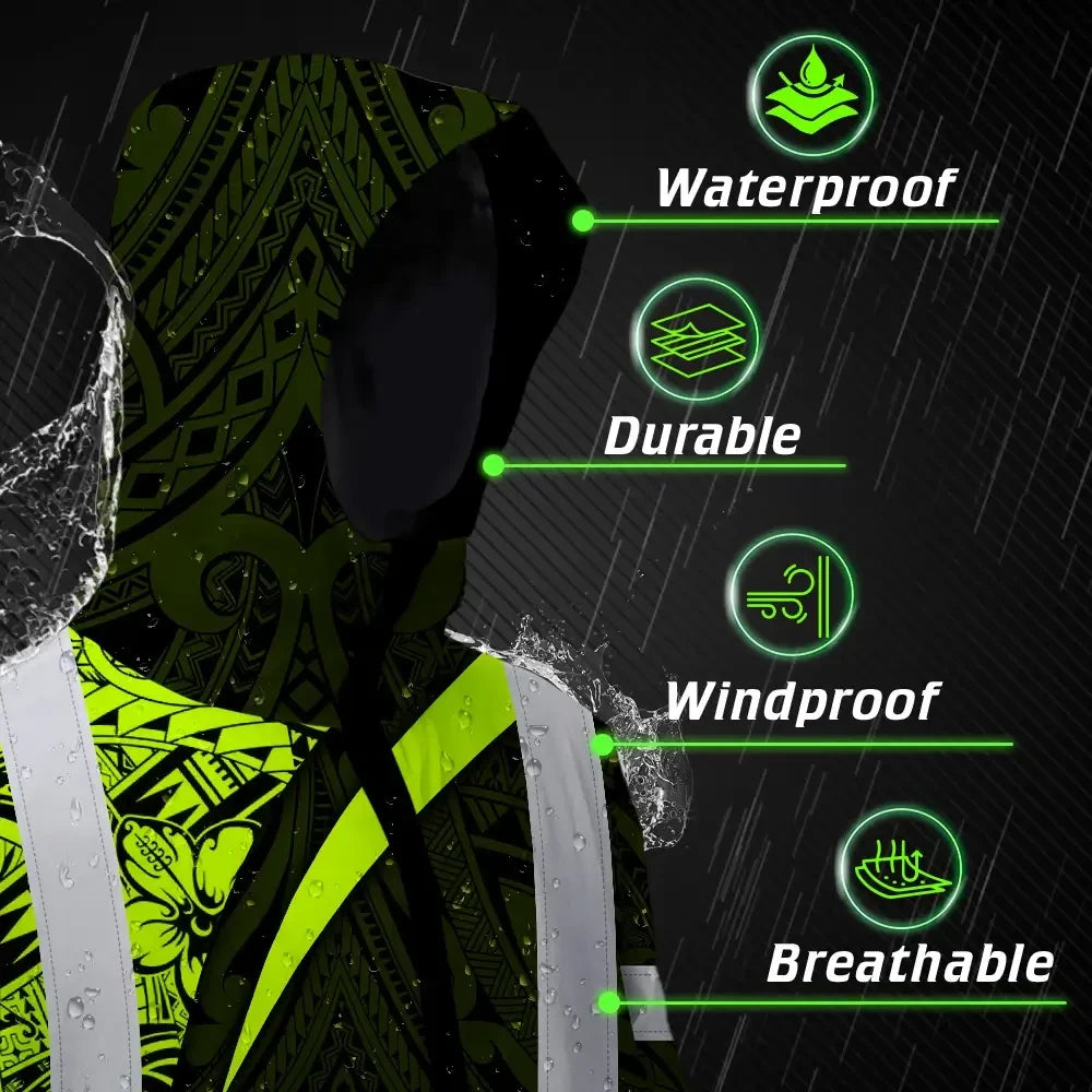 Hi Vis Jacket Waterproof Reflective Tapes Hawaiian Polynesian Tribal Custom Name Safety Workwear For Workers, Truckers, Operators