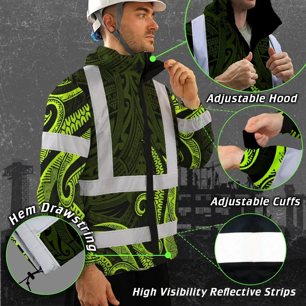 Hi Vis Jacket Waterproof Reflective Tapes Hawaiian Polynesian Tribal Custom Name Safety Workwear For Workers, Truckers, Operators