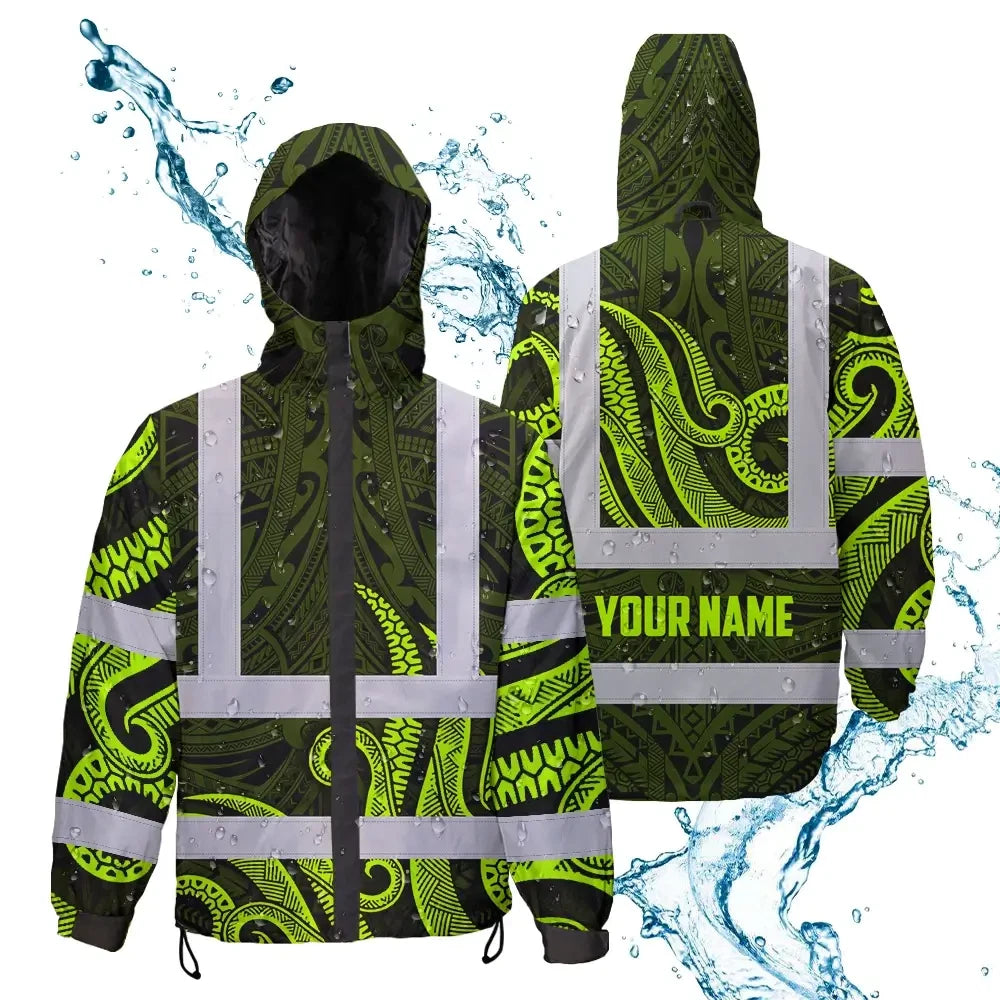 Hi Vis Jacket Waterproof Reflective Tapes Hawaiian Polynesian Tribal Custom Name Safety Workwear For Workers, Truckers, Operators