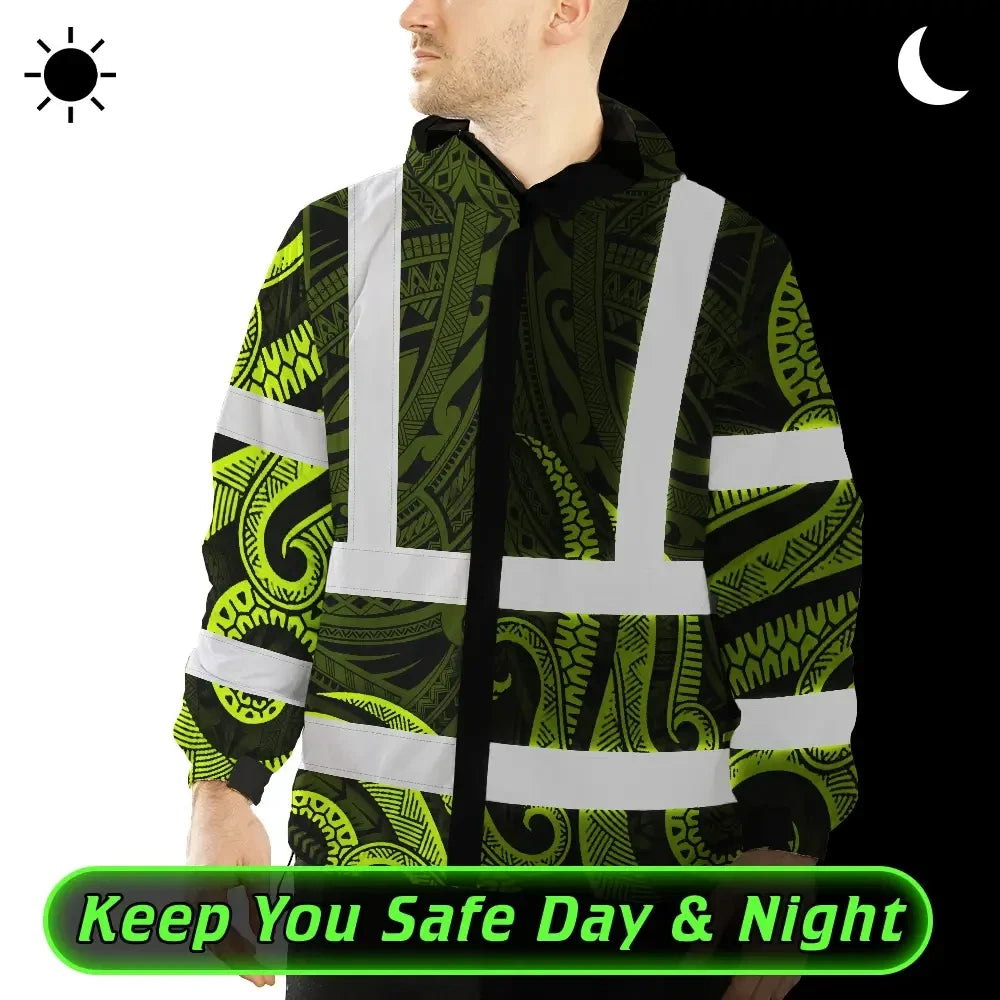 Hi Vis Jacket Waterproof Reflective Tapes Hawaiian Polynesian Tribal Custom Name Safety Workwear For Workers, Truckers, Operators