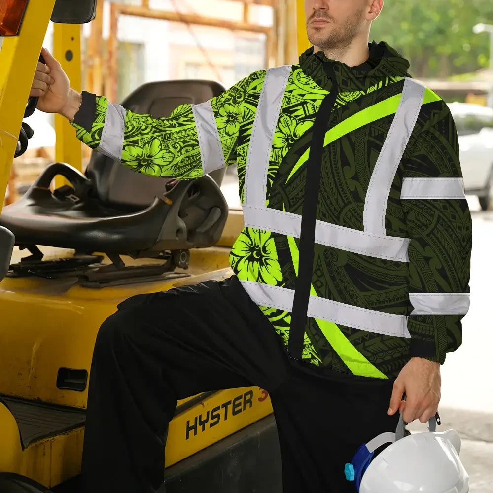 Hi Vis Jacket Waterproof Reflective Tapes Hawaiian Polynesian Tribal Custom Name Safety Workwear For Workers, Truckers, Operators
