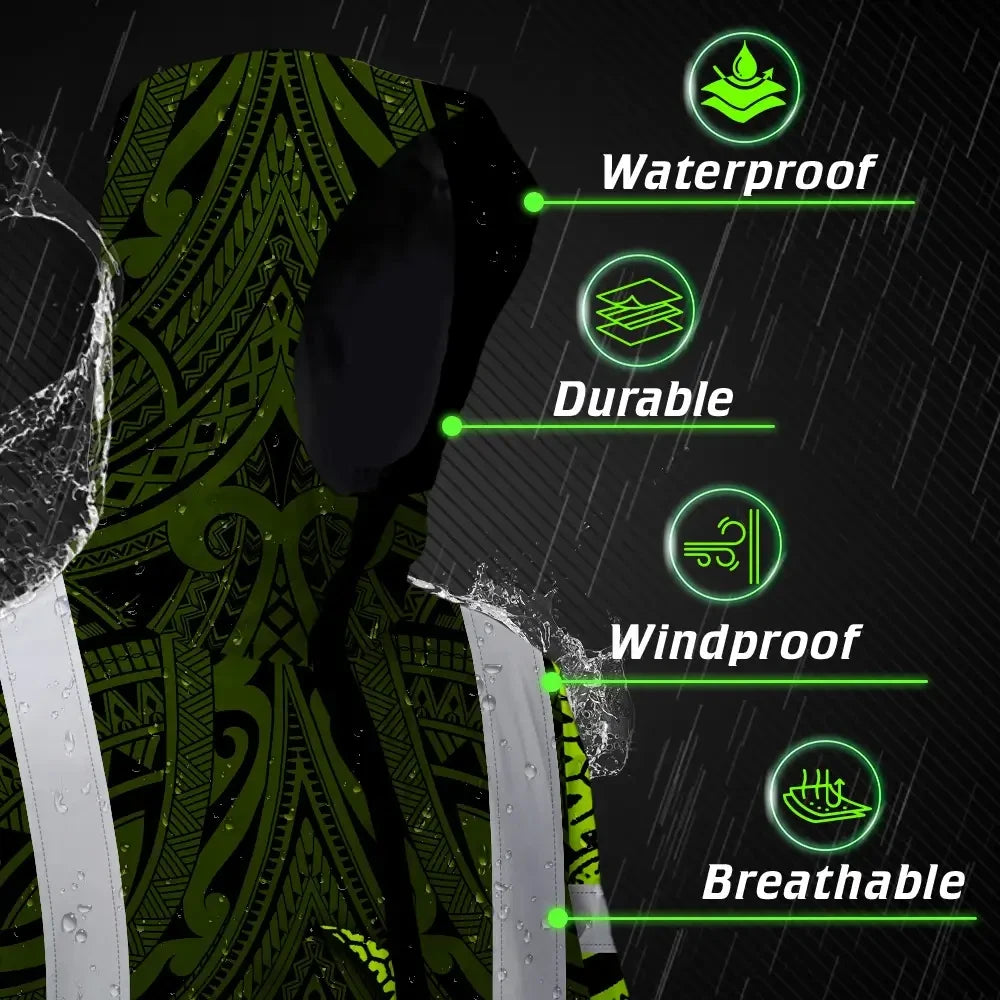 Hi Vis Jacket Waterproof Reflective Tapes Hawaiian Polynesian Tribal Custom Name Safety Workwear For Workers, Truckers, Operators