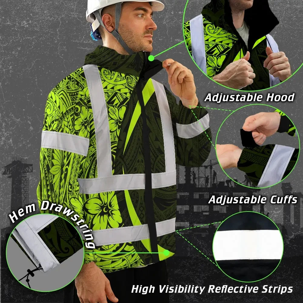 Hi Vis Jacket Waterproof Reflective Tapes Hawaiian Polynesian Tribal Custom Name Safety Workwear For Workers, Truckers, Operators