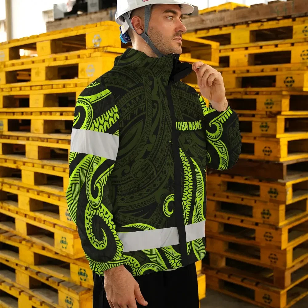 Hi Vis Jacket Waterproof Reflective Tapes Hawaiian Polynesian Tribal Custom Name