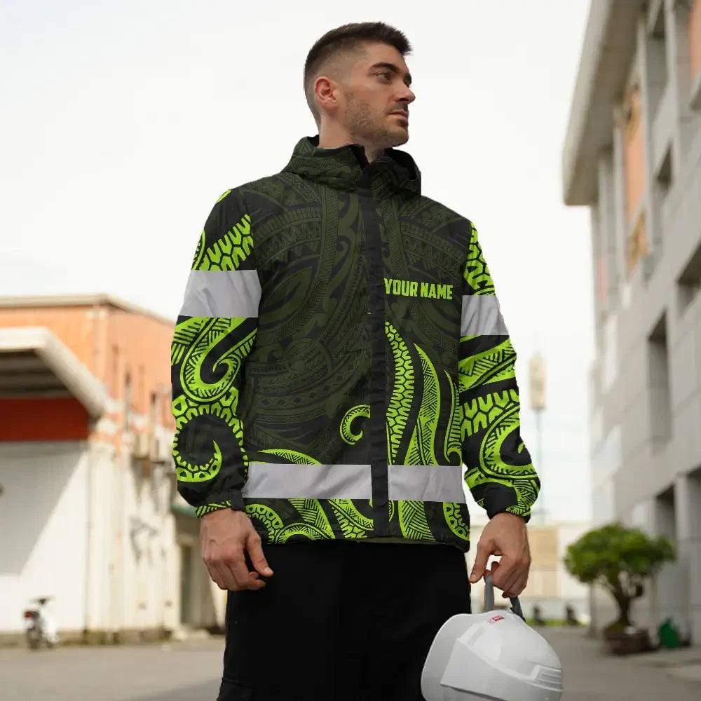 Hi Vis Jacket Waterproof Reflective Tapes Hawaiian Polynesian Tribal Custom Name