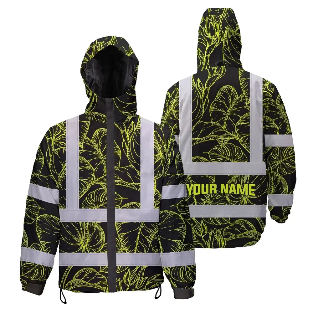 Hi Vis Jacket Waterproof Reflective Tapes Lime Neon Flowers Custom Name Safety Workwear For Workers, Truckers, Operators