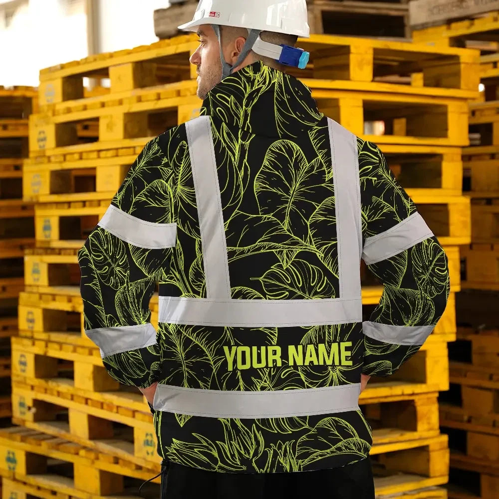 Hi Vis Jacket Waterproof Reflective Tapes Lime Neon Flowers Custom Name Safety Workwear For Workers, Truckers, Operators