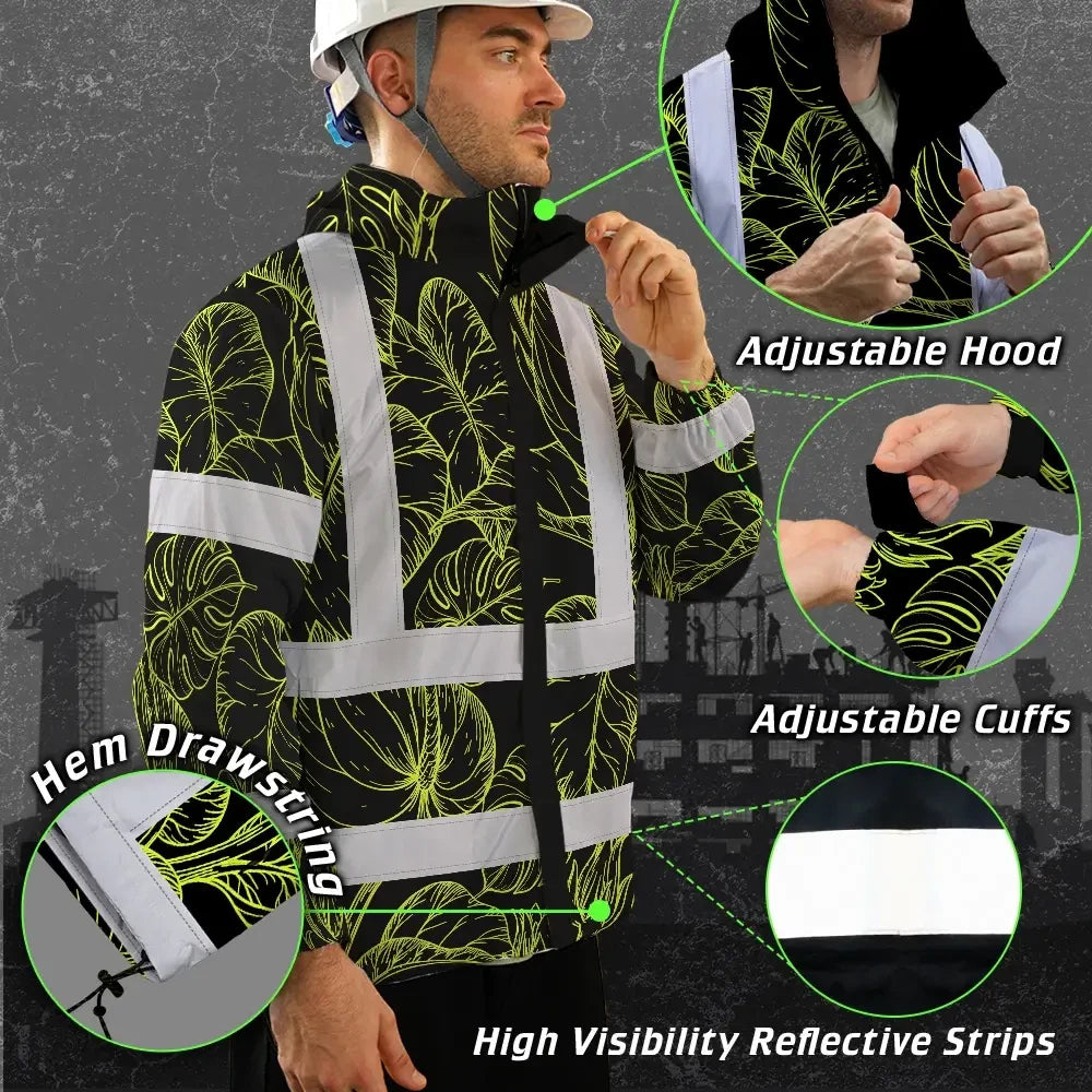 Hi Vis Jacket Waterproof Reflective Tapes Lime Neon Flowers Custom Name Safety Workwear For Workers, Truckers, Operators