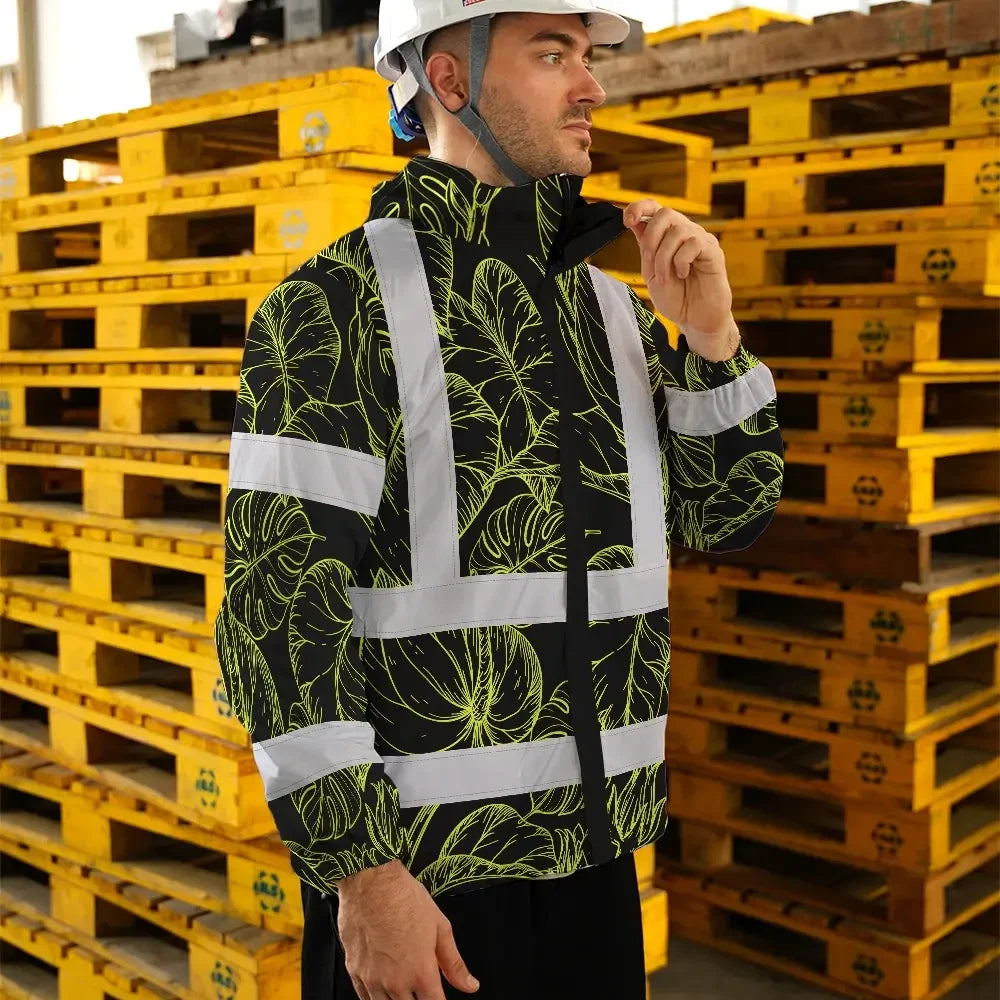 Hi Vis Jacket Waterproof Reflective Tapes Lime Neon Flowers Custom Name Safety Workwear For Workers, Truckers, Operators