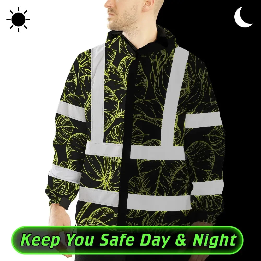 Hi Vis Jacket Waterproof Reflective Tapes Lime Neon Flowers Custom Name Safety Workwear For Workers, Truckers, Operators