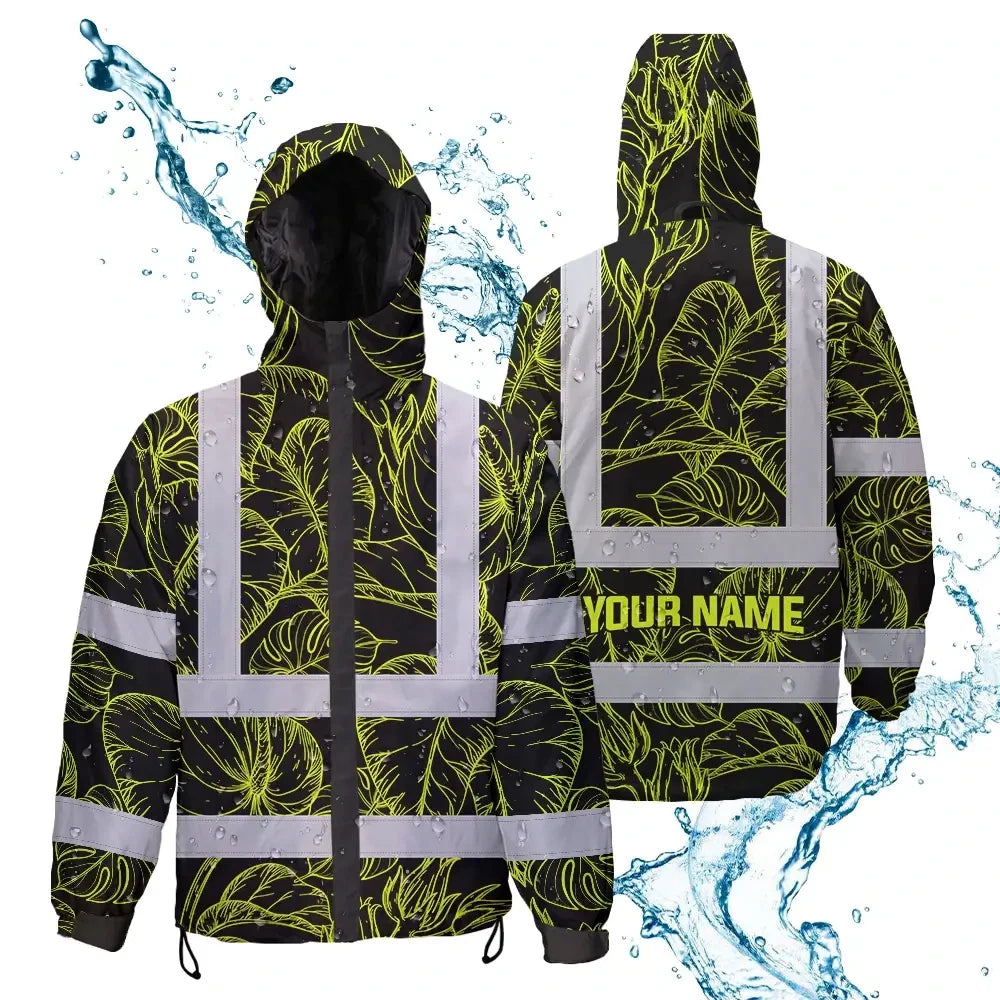 Hi Vis Jacket Waterproof Reflective Tapes Lime Neon Flowers Custom Name Safety Workwear For Workers, Truckers, Operators