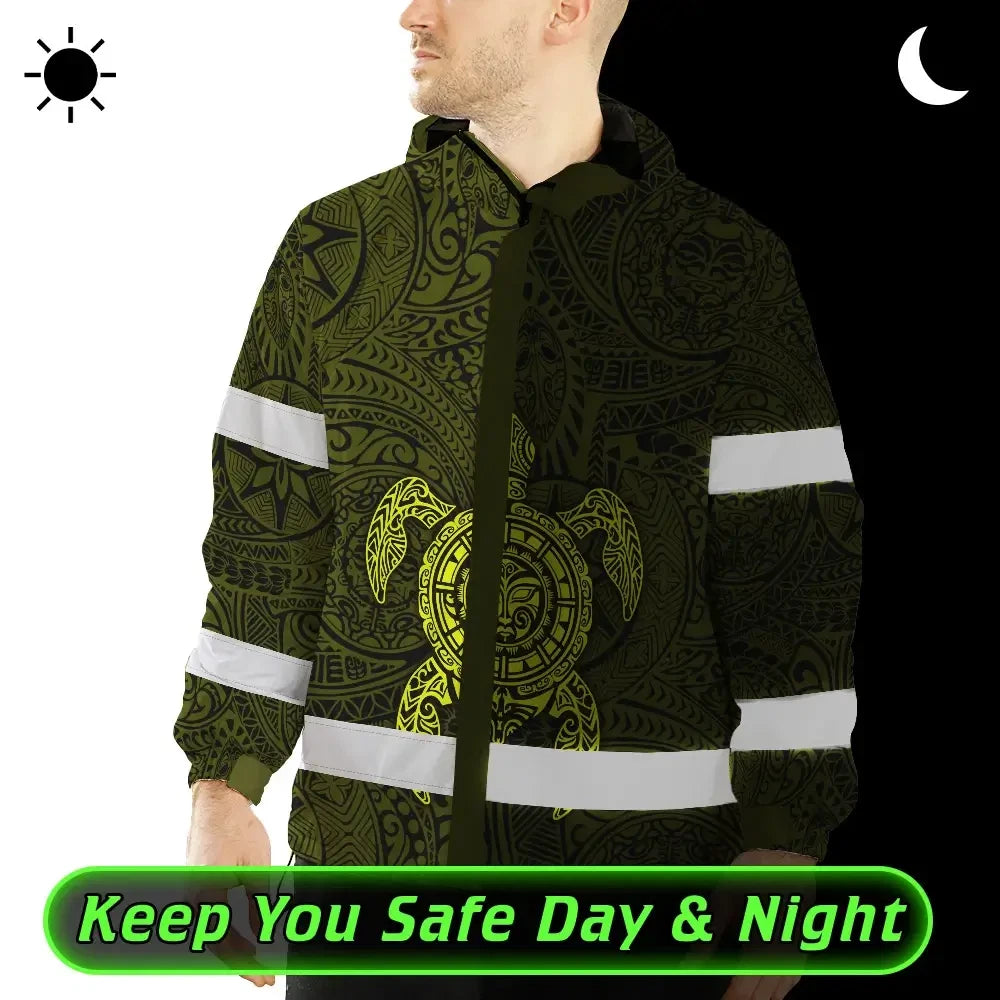 Hi Vis Jacket Waterproof Reflective Tapes Lime Neon Hawaii Turtle Custom Name Safety Workwear For Workers, Truckers, Operators