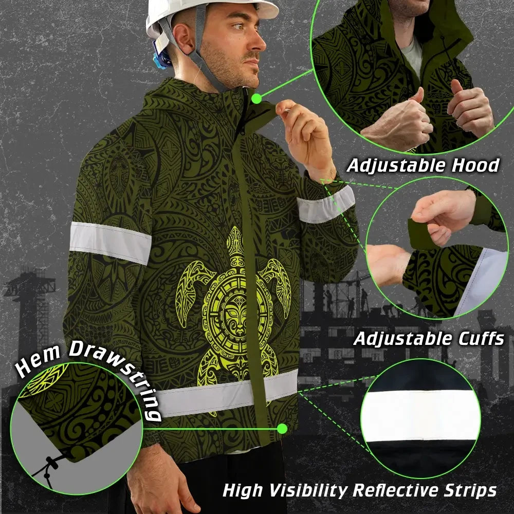Hi Vis Jacket Waterproof Reflective Tapes Lime Neon Hawaii Turtle Custom Name Safety Workwear For Workers, Truckers, Operators