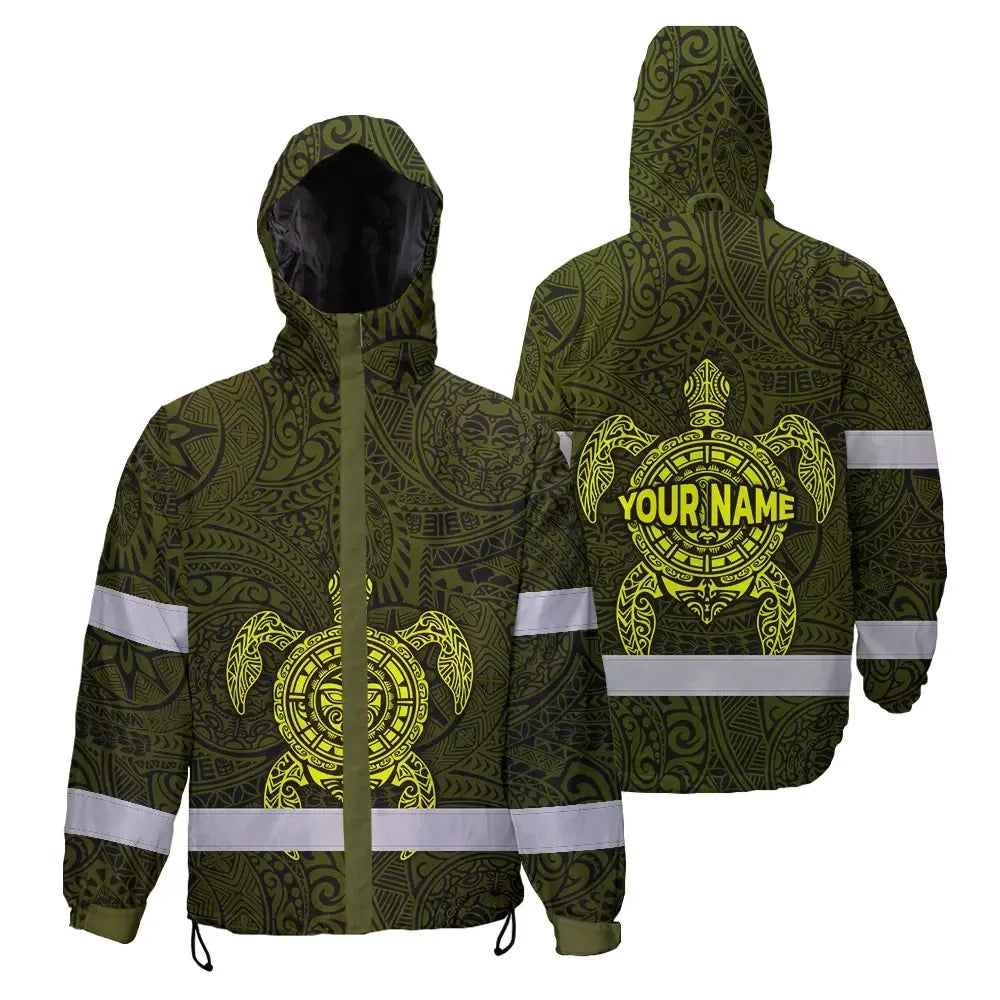 Hi Vis Jacket Waterproof Reflective Tapes Lime Neon Hawaii Turtle Custom Name Safety Workwear For Workers, Truckers, Operators