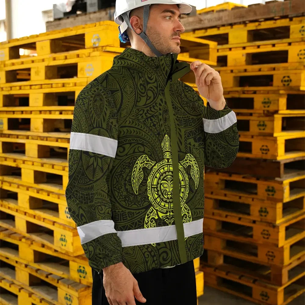 Hi Vis Jacket Waterproof Reflective Tapes Lime Neon Hawaii Turtle Custom Name Safety Workwear For Workers, Truckers, Operators