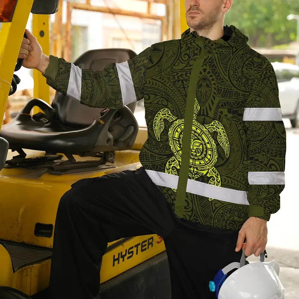 Hi Vis Jacket Waterproof Reflective Tapes Lime Neon Hawaii Turtle Custom Name Safety Workwear For Workers, Truckers, Operators