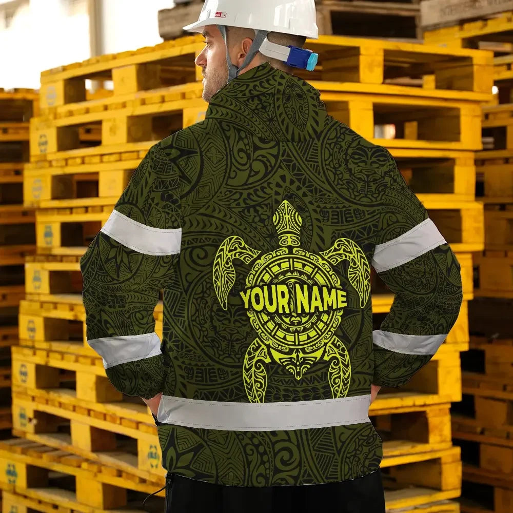 Hi Vis Jacket Waterproof Reflective Tapes Lime Neon Hawaii Turtle Custom Name Safety Workwear For Workers, Truckers, Operators