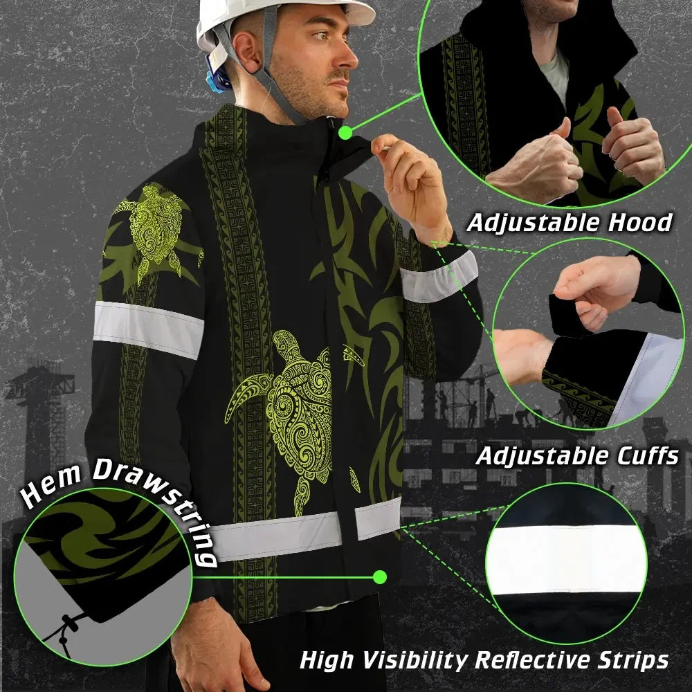 Hi Vis Jacket Waterproof Reflective Tapes Lime Neon Hawaiian Polynesian Tribal Custom Name Safety Workwear For Workers, Truckers, Operators
