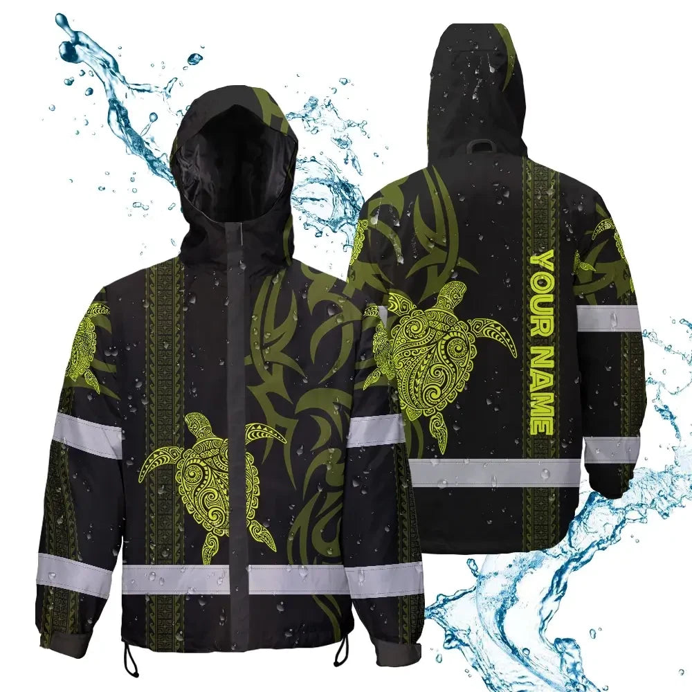 Hi Vis Jacket Waterproof Reflective Tapes Lime Neon Hawaiian Polynesian Tribal Custom Name Safety Workwear For Workers, Truckers, Operators