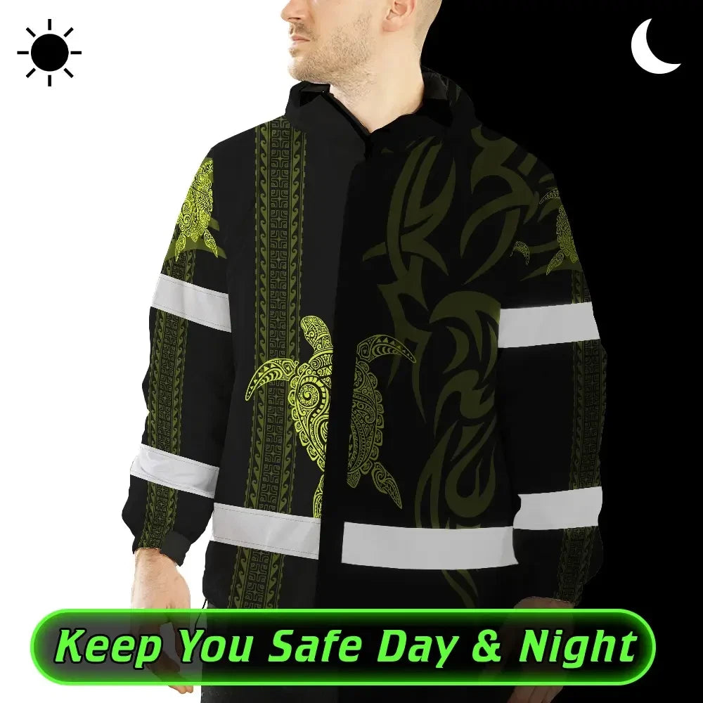 Hi Vis Jacket Waterproof Reflective Tapes Lime Neon Hawaiian Polynesian Tribal Custom Name Safety Workwear For Workers, Truckers, Operators