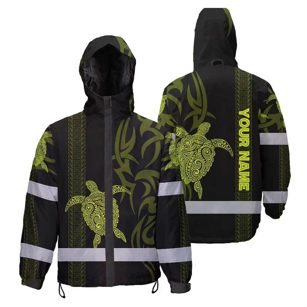 Hi Vis Jacket Waterproof Reflective Tapes Lime Neon Hawaiian Polynesian Tribal Custom Name Safety Workwear For Workers, Truckers, Operators