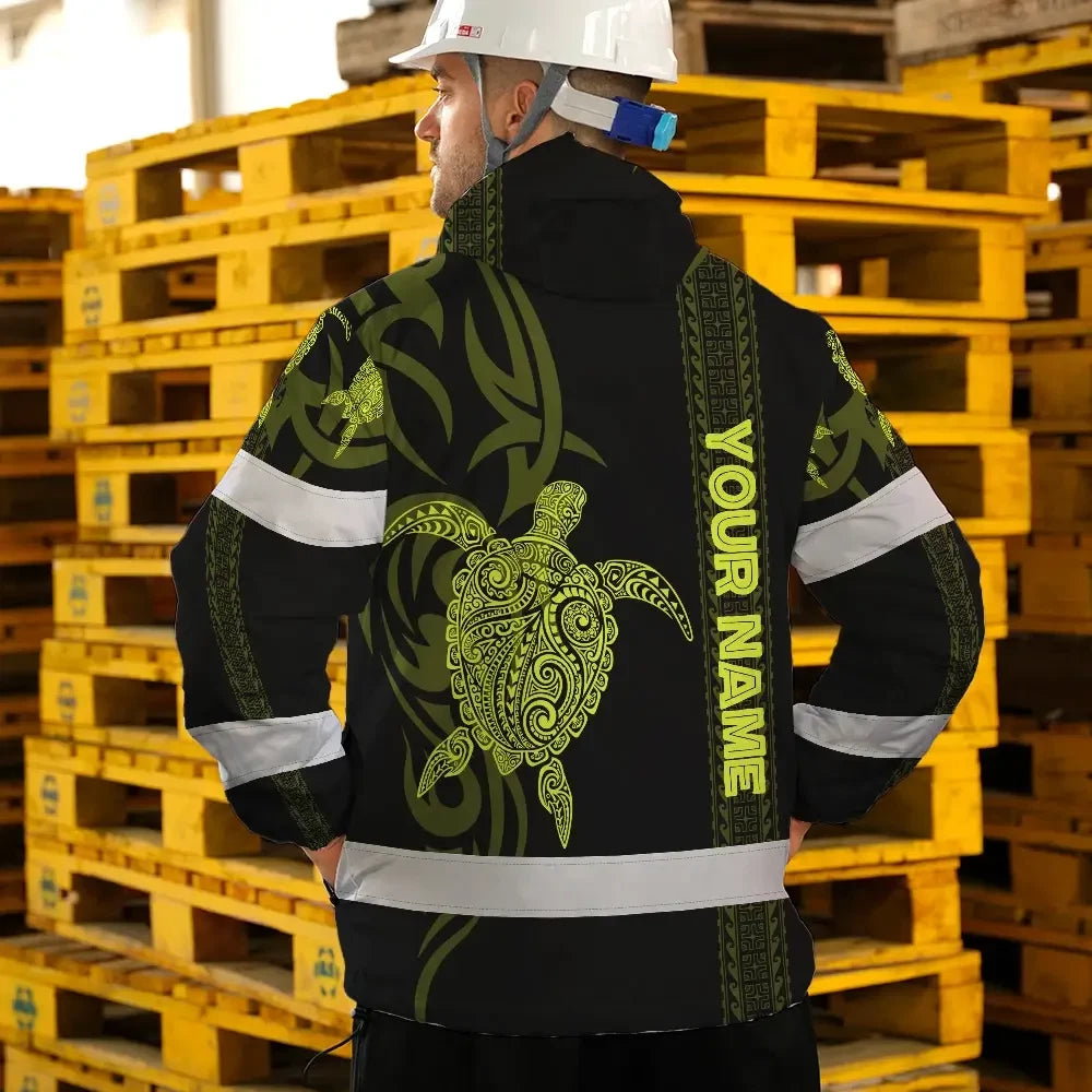 Hi Vis Jacket Waterproof Reflective Tapes Lime Neon Hawaiian Polynesian Tribal Custom Name Safety Workwear For Workers, Truckers, Operators
