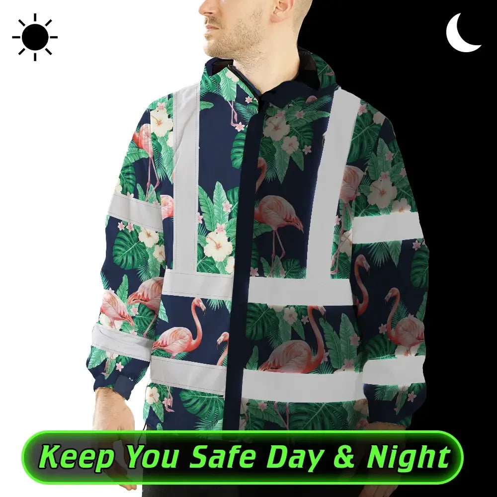 Hi Vis Jacket Waterproof Reflective Tapes Neon Pink Flowers 2 Custom Name Safety Workwear For Workers, Truckers, Operators