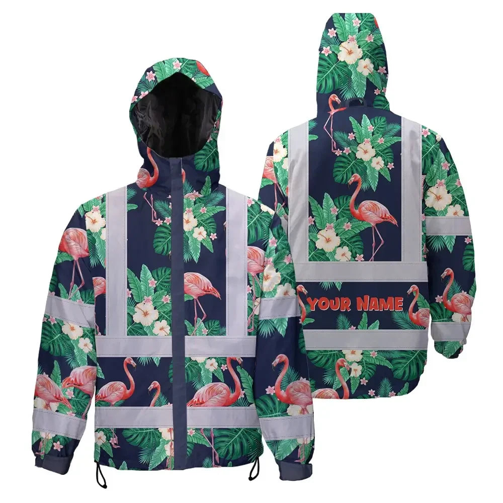 Hi Vis Jacket Waterproof Reflective Tapes Neon Pink Flowers 2 Custom Name Safety Workwear For Workers, Truckers, Operators