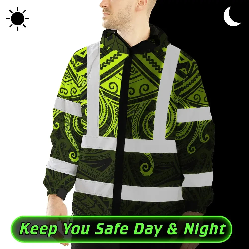 Hi Vis Jacket Waterproof Reflective Tapes  Octopus Hawaiian Polynesian Tribal Custom Name Safety Workwear For Workers, Truckers, Operators