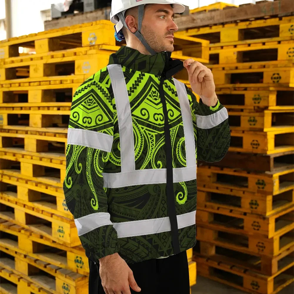 Hi Vis Jacket Waterproof Reflective Tapes  Octopus Hawaiian Polynesian Tribal Custom Name Safety Workwear For Workers, Truckers, Operators