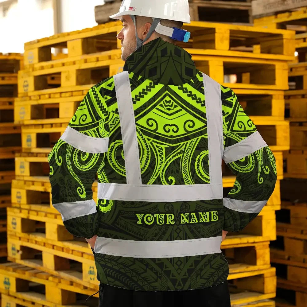 Hi Vis Jacket Waterproof Reflective Tapes  Octopus Hawaiian Polynesian Tribal Custom Name Safety Workwear For Workers, Truckers, Operators