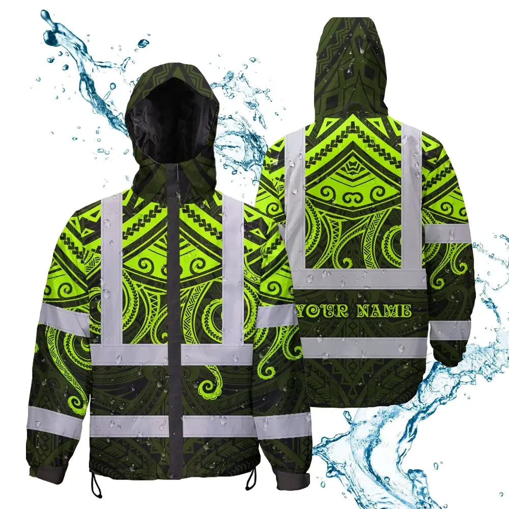 Hi Vis Jacket Waterproof Reflective Tapes  Octopus Hawaiian Polynesian Tribal Custom Name Safety Workwear For Workers, Truckers, Operators