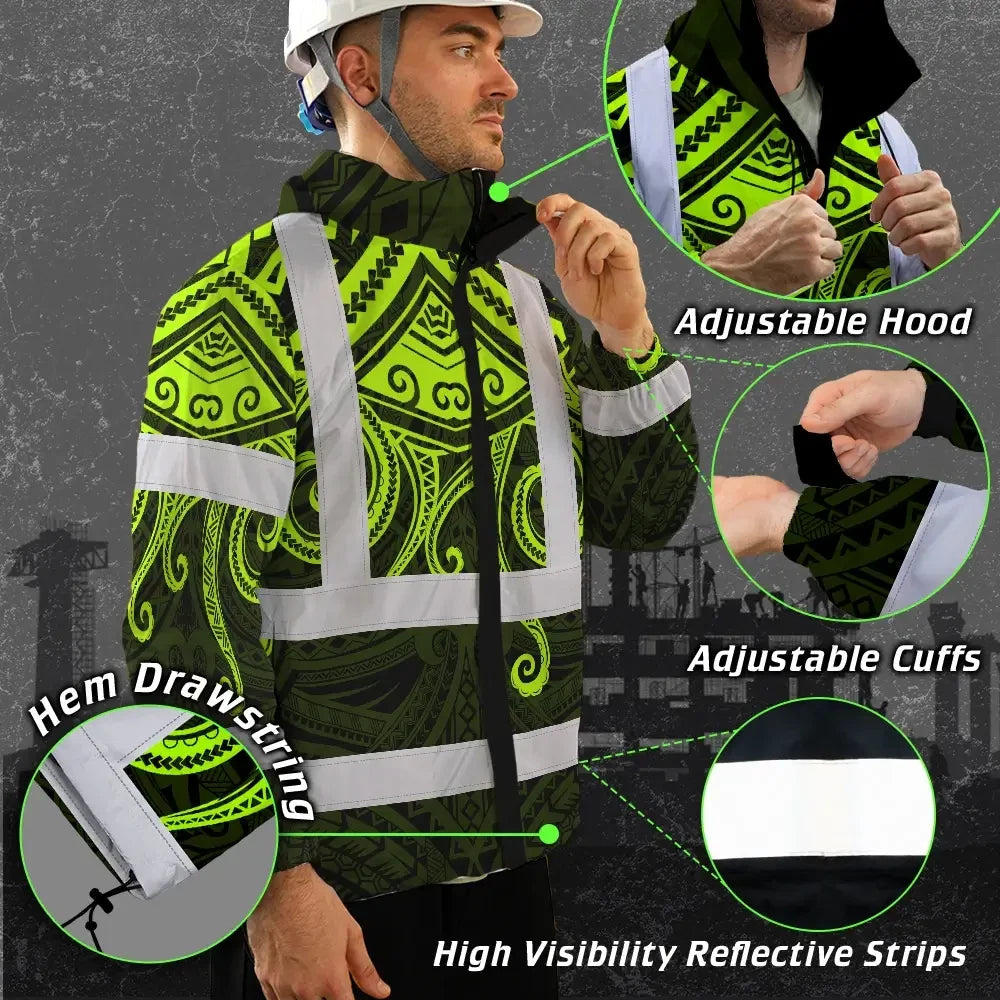Hi Vis Jacket Waterproof Reflective Tapes  Octopus Hawaiian Polynesian Tribal Custom Name Safety Workwear For Workers, Truckers, Operators