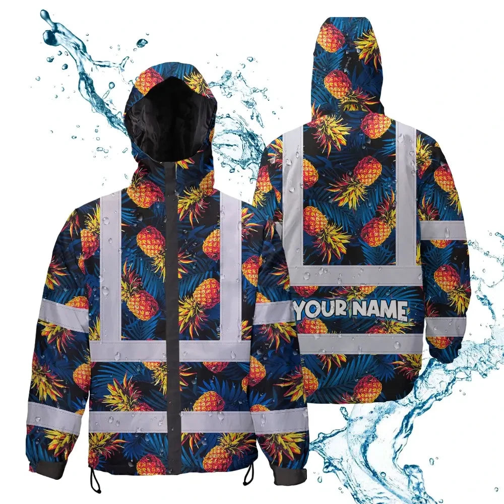 Hi Vis Jacket Waterproof Reflective Tapes Orange Neon And Dark Blue Custom Name Safety Workwear For Workers, Truckers, Operators
