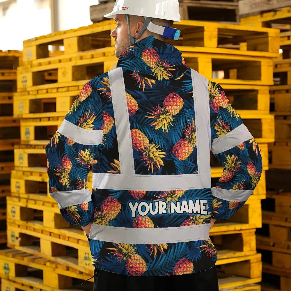 Hi Vis Jacket Waterproof Reflective Tapes Orange Neon And Dark Blue Custom Name Safety Workwear For Workers, Truckers, Operators